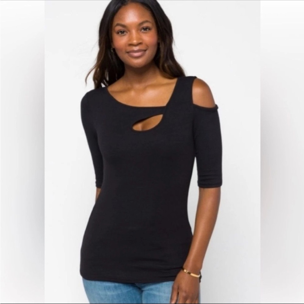 GOLDRAY Garima Black Asymmetric Cutout Cold Shoulder Top Size 2X